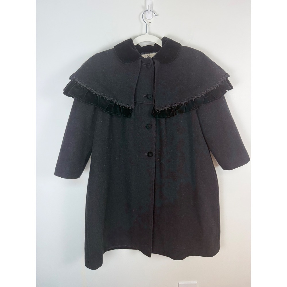 Young Gallery Kids Black Wool Capelet Coat Velvet Trim Victorian Style 32 Chest